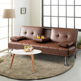 Giantex Convertible Futon Sofa Bed, Faux Leather Sectional Couch Sleeper, Removable Armrests 2 Cup Holders Backrest Adjustable, Upholstered Small Guest Bed for Apartment Living Room Brown Giantex