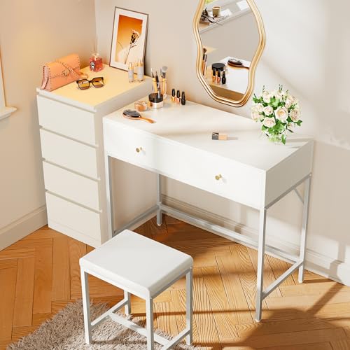 SUPERJARE 35.4" White Desk with 2 Drawers, Modern Makeup Vanity with Padded Stool, Small Computer Desk Home Office Desk for Writing Study Bedroom SUPERJARE