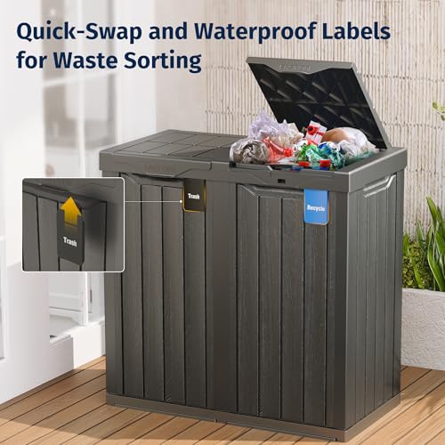 EAST OAK 62 Gallon Outdoor Trash Can | Waterproof Resin Garbage Can with Recycle and Garbage Labels | Secure Bag Lip Lock and Drip Tray | Outside Trash Bin for Patio | Kitchen, Backyard or Deck | Gray EAST OAK