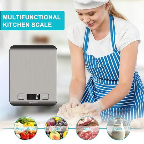 Food Scale Kitchen-Scale 11lb/5kg Food Scale for Kitchen Stainless Steel LCD Display Tare Function (g/oz/ml) for Meal Prep Coffee (Batteries Included) SEAUMOON