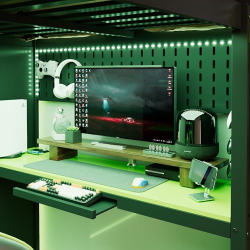 Merax Full Size Loft Bed with Desk and 6 Storage Shelves, Wardrobe, Blackout Curtain, Sturdy Wood Gaming Loft Bunk Bed Frame with USB Port & RGB Lights, Black+Green Merax