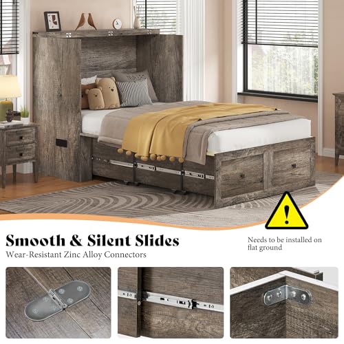 AMERLIFE Twin Murphy Bed Cabinet with Charging Station and Storage Drawer, Farmhouse Foldable Platform Bed for Home Office, Apartment, Small Spaces, Rustic Grey AMERLIFE