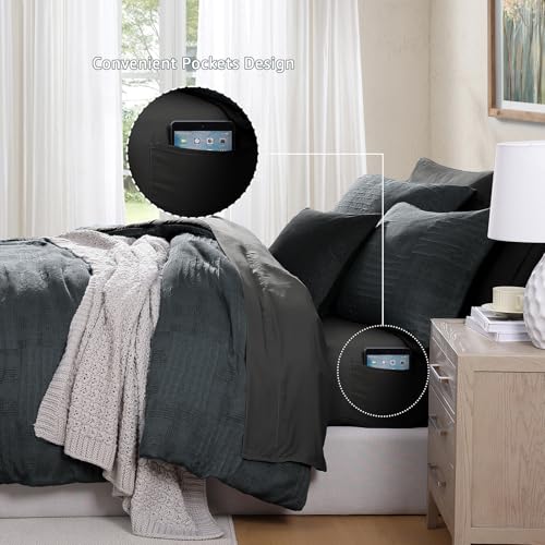 MaiRêve Queen Comforter Set Blue Grey, Textured Design Crinkle Bedding Sets 7 Pieces, All Season Bed in A Bag with Comforter, Sheets, Pillowcases & Shams MaiRêve