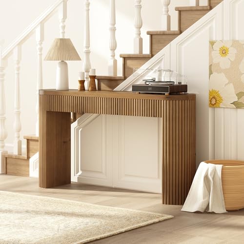Solid Wood Console Table with Drawer - 55 Inches Mid Century Modern Fluted Foyer Table, Entryway Hallway Minimalist Sofa Table, Oval with Drawer HOKYHOKY