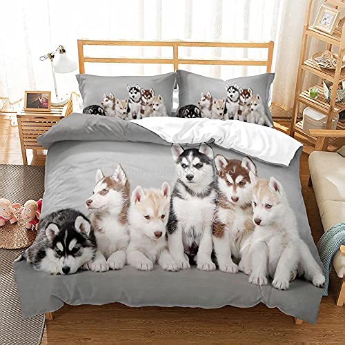 ZZBDSB Lovely Dogs Animal 3D Bedding Set Cute Husky Print Duvet Cover Gray Queen Comforter Set King Twin Full Size Boy Teen Girl Single Double Home 3 Piece Bed in A Bag (1 Quilt Cover,2 Pillowcases) ZZBDSB
