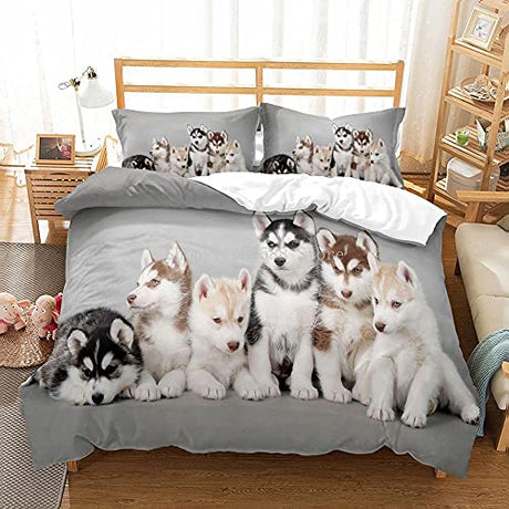 ZZBDSB Lovely Dogs Animal 3D Bedding Set Cute Husky Print Duvet Cover Gray Queen Comforter Set King Twin Full Size Boy Teen Girl Single Double Home 3 Piece Bed in A Bag (1 Quilt Cover,2 Pillowcases) ZZBDSB