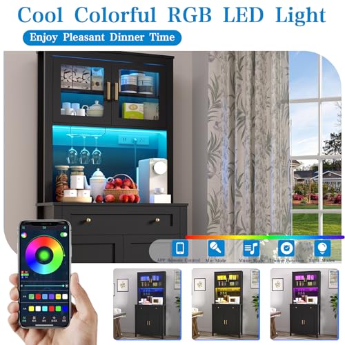 Yeyawomy 72" Tall Kitchen Pantry Cabinet with LED Light & Power Outlets, Farmhouse Large Storage Cabinet, Microwave Stand with Storage, Adjustable Cabinet Shelf, Black Kitchen Pantry (Black) Yeyawomy