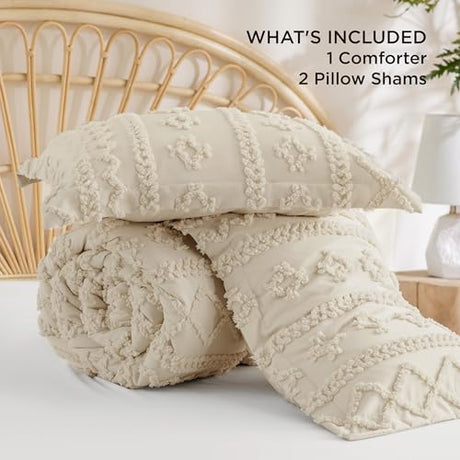 Bedsure Tufted Boho Comforter Set Full Size - Beige Boho Bed Set, GentleSoft™ 3 Pieces Farmhouse Shabby Chic Embroidery Bedding, Gifts for Woman, Soft Jacquard Full Comforter for All Seasons Bedsure