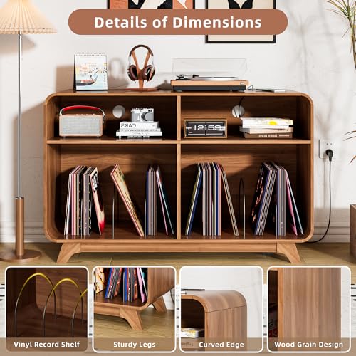 Record Player Stand with Vinyl Storage Cabinet with Charging Station & USB Ports, Turntable Stand Table Holds Up to 350 Albums, Curved Vinyl Record Cabinet for Living Room (Walnut, 42.5-inch) Boweniog