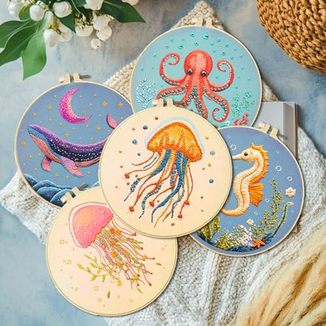 ACRNIGHEET 6PCS Embroidery Kit for Adults Beginners, Sea Animals Embroidery Starter Kit, Stamped Cross Stitch Kits for Crafts Lovers Gift Idea, Include Instructions 6 Stamped Embroidery Cloth 2 Hoop ACRNIGHEET