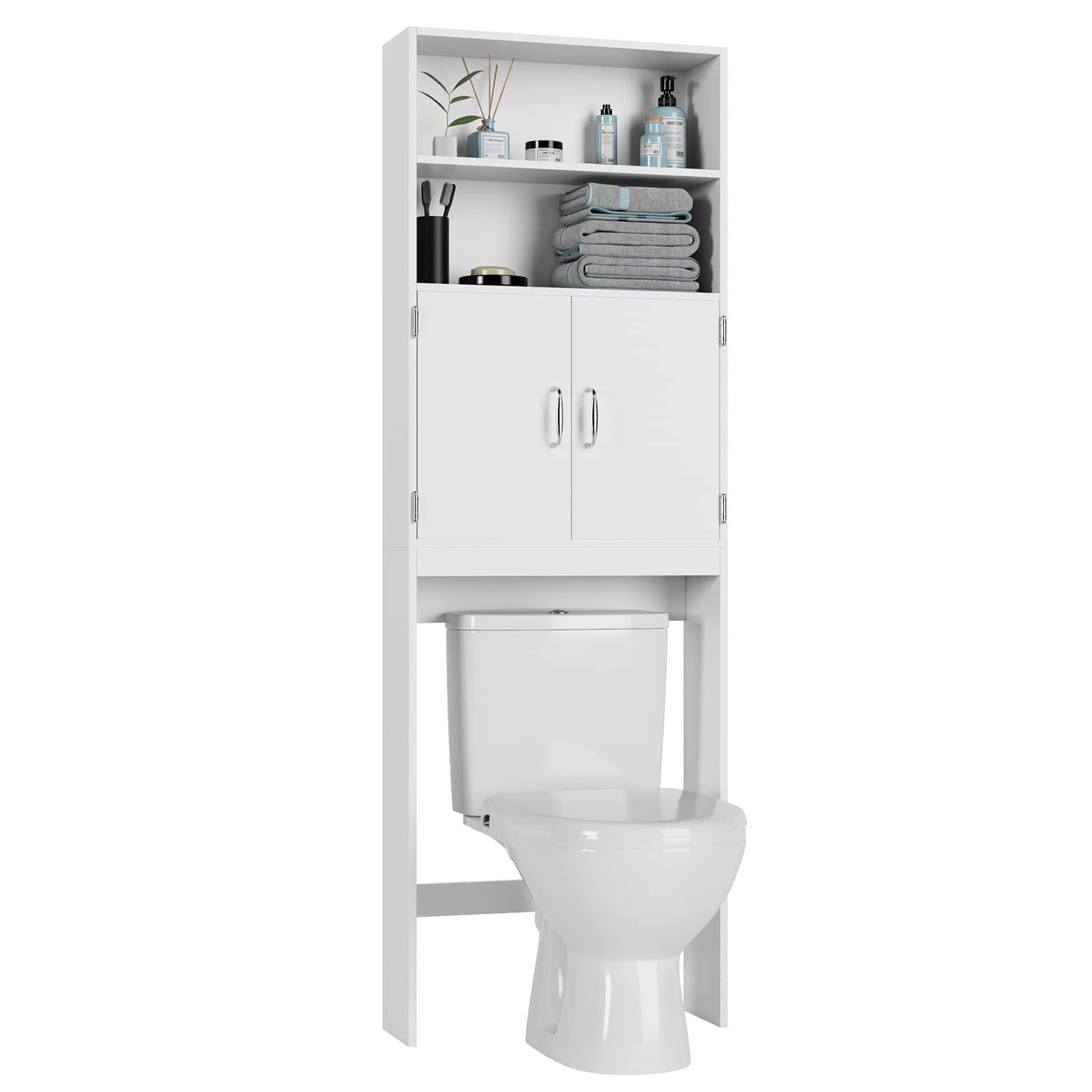 HOSTACK Over The Toilet Storage, Double Door Bathroom Organizer Toilet Cabinet, Freestanding above Toilet Rack with Open Shelves and Adjustable Bottom Bar, 76.8 in H, White - WoodArtSupply