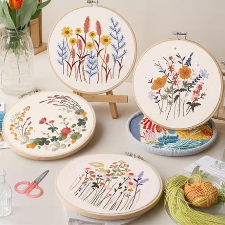 CYANFOUR 5 Pack Beginner Embroidery Kit for Adults, Easy to Learn Floral Embroidery Patterns from Video & Instruction, Needlepoint Kits for Adults Include Embroidery Hoop, Colorful Threads, Tools CYANFOUR