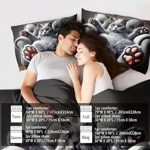 llyxsesty Cute Cat Comforter Set King,Grey Kawaii Cat Bedding Set Adult,Cute Animal Comforter for Boy,American Shorthair Bedding Grey,Kawaii Animal Print Quilt Bedroom Decor Kids llyxsesty