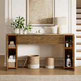 FABATO 61'' Fluted Long Console Table, Wooden Rectangular Sofa Table Behind The Couch, Narrow Entryway Table with 2 Hidden Storage Cabinets for Entrance, Hallway, Living Room, Foyer, Brown FABATO