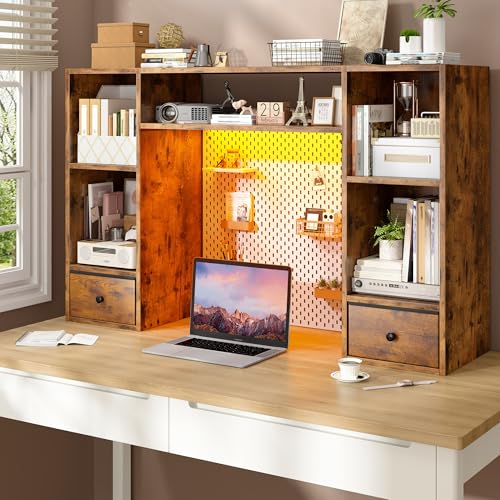 REIBII Desktop Bookshelf with LED Lights,47.2" Desktop Organizer with 6 Shelves and 2 Drawers for Top of Desk,Multipurpose Desk Hutch Dorm with Adjustable Shelves for Home and Office,Rustic Brown REIBII