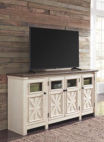 Signature Design by Ashley Bolanburg Two Tone Farmhouse TV Stand, Fits TVs up to 72", 3 Cabinets and Adjustable Storage Shelves, Whitewash - WoodArtSupply