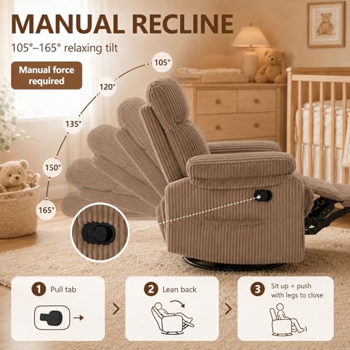 Super Soft Brown Rocking Chair Nursery Recliners, Small Recliner Rocking Chair for Small Spaces, Manual Swivel Glider Recliner for Living Room Bedroom Office, Corduroy, Adjustable Backrest (Brown)