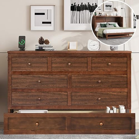 DNChuan Queen Size Murphy Bed Cabinet with Storage Drawer and USB Port, Foldable Cube Chest Platform Bed, Pine Wood Frame, Space Saving, No Box Spring Required, Walnut DNChuan