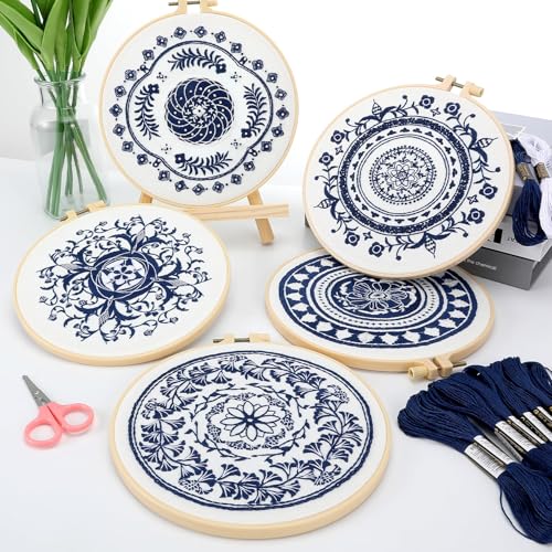 LOADSFUN 5 Pieces Embroidery Kit for Beginners, Cross Stitch Kits with Stamped Patterns,Hoop,Threads,Needle Threader Needlepoint Kits Crafts for Adults Step by Step Instructions Video