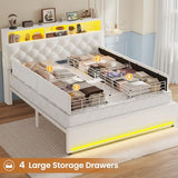 HAUOMS Full Size Bed Frame with Bookcase Headboard,LED Bed Frame with Charging Station, 4 Storage Drawer, Modern Velvet Upholstered Platform Bed with 5 Shelf, No Box Spring Needed, Creamy White HAUOMS