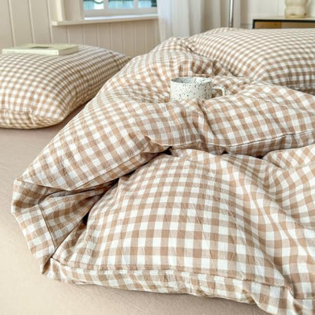 LifeTB Tan Gingham Comforter Set Twin XL Modern Style Beige Plaid Comforter Set 3 Pieces Soft Fluffy Grid Checkered Pattern Comforter with 2 Pillowcases Farmhouse Gingham Bedding Set Twin XL LifeTB