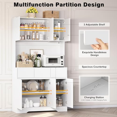 71'' Pantry Cabinet with LED Light & Charging Station, Tall Freestanding Kitchen Storage Cabinet with Microwave Stand, Modern Hutch with Drawers & Open Countertop for Dining Room, Living Room, White NUNU LAB