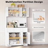 71'' Pantry Cabinet with LED Light & Charging Station, Tall Freestanding Kitchen Storage Cabinet with Microwave Stand, Modern Hutch with Drawers & Open Countertop for Dining Room, Living Room, White NUNU LAB