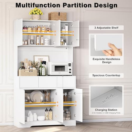 71'' Pantry Cabinet with LED Light & Charging Station, Tall Freestanding Kitchen Storage Cabinet with Microwave Stand, Modern Hutch with Drawers & Open Countertop for Dining Room, Living Room, White NUNU LAB