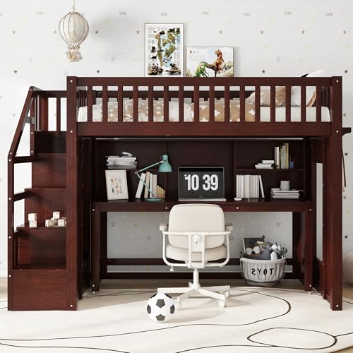 Harper & Bright Designs Twin Size Loft Bed with Stairs, Solid Wood Loft Bed with Movable Desk, Featuring Storage Stairs and Storage Shelf, for Teens Adults (Espresso) Harper & Bright Designs