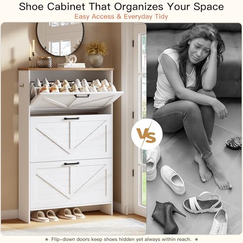 Nicetree Shaker Barn Door Shoe Cabinet, 3 Flip Drawers & 3Tier Adjustable Shelves, Ultra Slim Freestanding, Modern Rustic Brushed White Farmhouse Shoe Rack for Entryway, Hallway, Foyer & Mudroom White Nicetree