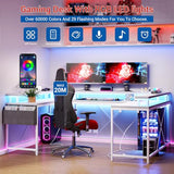 U Shaped Computer Gaming Desk, 79’’ Reversible l Shaped Computer Desk with Power Outlet & LED Strip, Office Desk with Monitor Stand, Large Corner Desk with Storage Bag for Bedroom, Office, White TrailBlaze