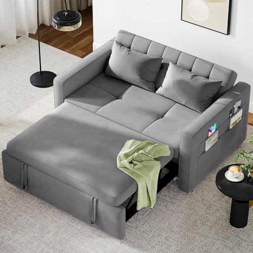 YITAHOME 55" Convertible Sofa Bed, 3-in-1 Sleeper Sofa with Pull-Out Bed, Cat-Scratch-Proof Fabric Futon Couch with Reclining Backrest and Side Pocket, Loveseat for Living Room, Grey, Full Size