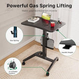 Gibbon Mounts Mobile Standing Desk, Height Adjustable Rolling Laptop Desk with Cup Holder, 27 inches Portable Sit Stand Desk with Wheels and Hook, Pneumatic Computer Table, Black Gibbon Mounts