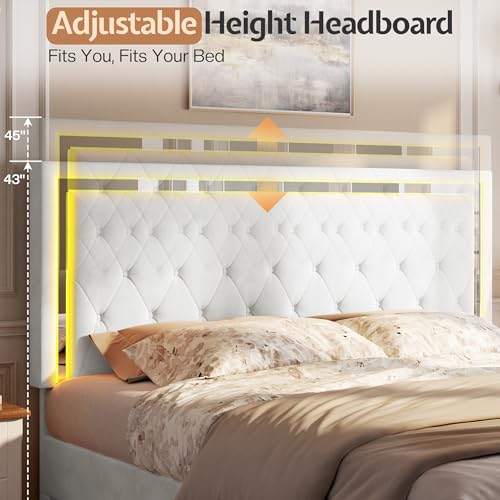 Jocisland Queen Bed Frame with LED Lights Headboard&Footboard, Velvet Upholstered Queen Size Platform Bed Frame No Box Spring Needed/White Jocisland
