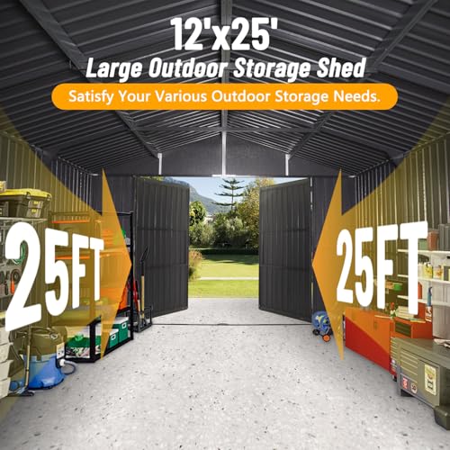 Domi 12x25FT Heavy Duty Outdoor Metal Garage Shed & Carport – Extra Large Lockable Double Door Storage Shelter for Cars, Trucks, Motorcycles, Lawn Equipment (Dark Grey) domi outdoor living