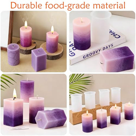 8PCS Reusable Silicone Candle Molds Set - Cylinder/Hexagon/Octagonal/Heart/Flower/Square Shapes for DIY Candle Making, Soap, Resin Crafts, Easy Release Candle Making Kit (8, Cylinder & Hexagon) QCCTPUU