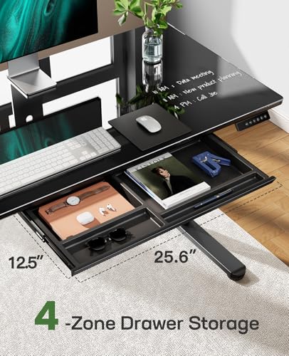 Marsail Glass Electric Standing Desk with Drawer, 48 x 24 Inches Height-Adjustable Desk, One-Piece Tempered Glass Top, Ergonomic Home Office Sit Stand Desk with 4 Preset Heights, Black Marsail