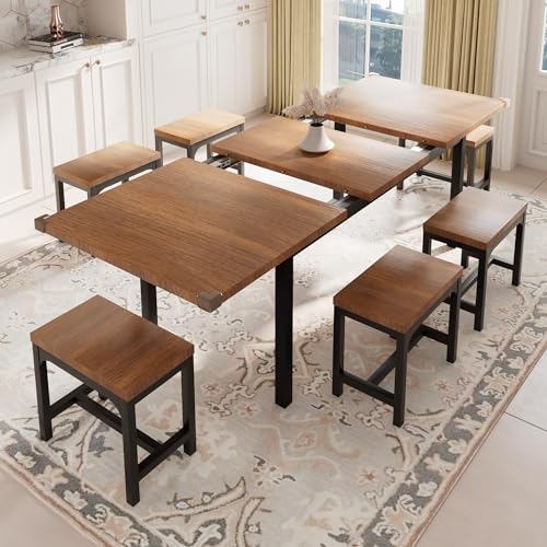 Feonase 7-Piece Dining Table Set with 6 Stools, 63" Large Extendable Kitchen Table Set for 4-8, Mid-Century Dining Room Table with Heavy-Duty Frame, Easy Assembly, Walnut - WoodArtSupply