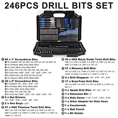 COMOWARE Drill Bit Set, 246 Pcs for Cordless Drill, Drill Driver Bit Set for Wood, Metal, Masonry, Cement and Screwdriver Bits Set Combo Kit COMOWARE