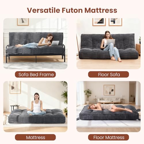 feliz home 10" Futon Mattress Queen Size,Futons Sofa Couch Bed with Straps, Thick Corduroy Floor Mattress for Adults, Roll Up Folding Mattress Shredded Foam Filling, Medium Firm (Gray, Full) feliz home