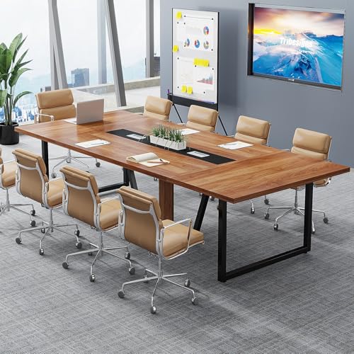 8ft Conference Table Large Meeting for 10 People Easy Assembly Brown Modern Contemporary Rectangular Metal Wood Walnut Finish Modular WoodArtSupply