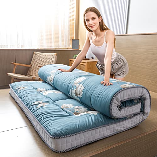 MAXYOYO Floral Printed Futon Mattress, Padded Japanese Floor Mattress Quilted Bed Mattress Topper, Extra Thick Folding Sleeping Pad Breathable Floor Lounger Guest Bed for Camping Couch, Queen Size MAXYOYO