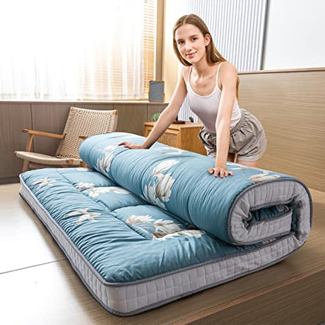 MAXYOYO Floral Printed Futon Mattress, Padded Japanese Floor Mattress Quilted Bed Mattress Topper, Extra Thick Folding Sleeping Pad Breathable Floor Lounger Guest Bed for Camping Couch, Queen Size MAXYOYO