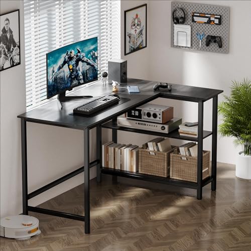 WOODYNLUX L Shaped Computer Desk - Home Office Desk with Shelf, Gaming Desk Corner Table for Work, Writing and Study, Space-Saving, Black - WoodArtSupply