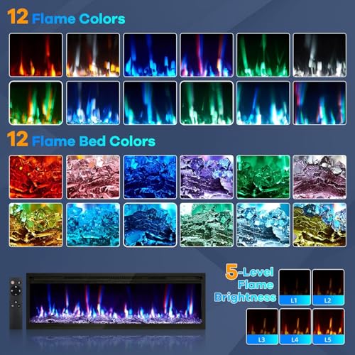 60" Electric Fireplace Wall Mounted & Recessed with Remote Control, 4.2" Ultra-Thin Linear Fireplace Heater 750W/1500W 2 Speed Heating 12 Color Flames 5 Brightness Levels with Timer, Log & Crystal MilleLoom