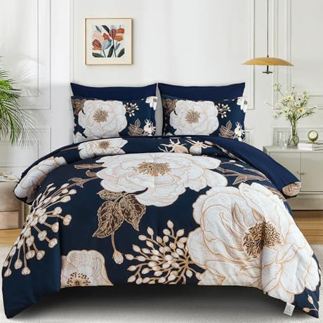 Luxudecor Floral Queen Comforter Set 7 Pieces Bed in a Bag, White Flower Print on Navy Blue Bedding Set, Soft Reversible Comforter with Sheet Set 90"x90" Luxudecor