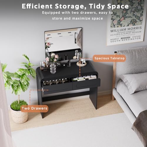 Vanity Desk, Makeup Vanity Desk with 2 Drawers and Storage Desktop Space, Modern Makeup Vanity Dressing Table with Curved Profile Design, Black Makeup Computer Writing Desk for Home Office Bedroom SOLACE FURNITURE