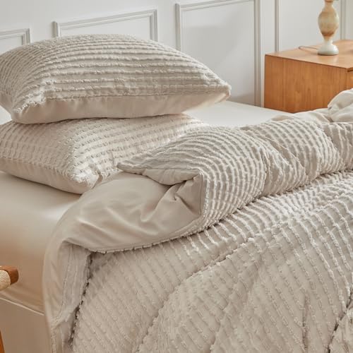 WARMDERN Boho Duvet Cover Set King Size,Khaki Striped Duvet Cover Microfiber Bedding Set,3PCS Ultra Soft Breathable Lightweight Tuft Texture Pattern Duvet Covers with Zipper Closure(Khaki,King) WARMDERN
