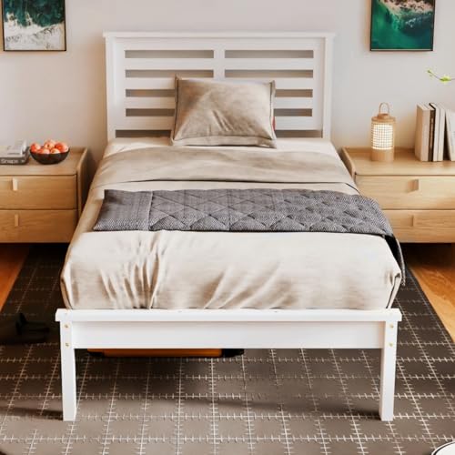VINGLI Solid Wood Twin Bed Frame with LED Lights & USB Charging Station Single Platform Panel Bed with 40 Inches Tall Headboard for Kids,No Box Spring Needed,White VINGLI