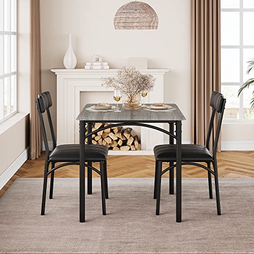 Amyove Modern Rustic Gray Square Dining Set, 29.2' L x W 30.1' H Table, 33.7' 18.4' 17' Chairs, 2 Person, Metal & MDF, Easy Assembly, Space-Saving Amyove